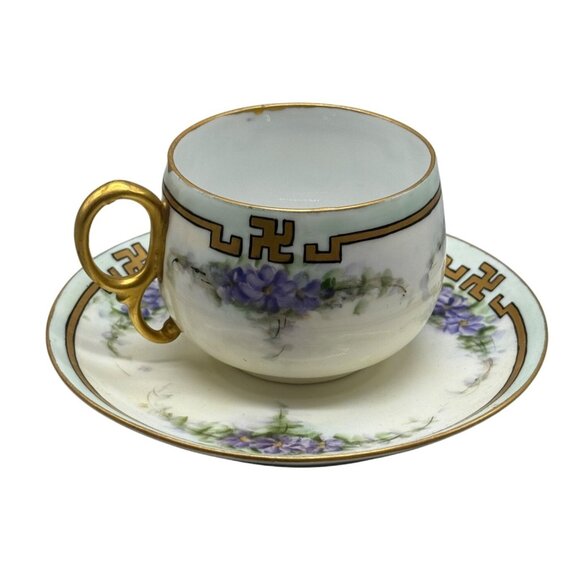 Antique German Porcelain Tea Cup & Saucer Set With Gold Trim & Floral Design - Picture 1 of 10